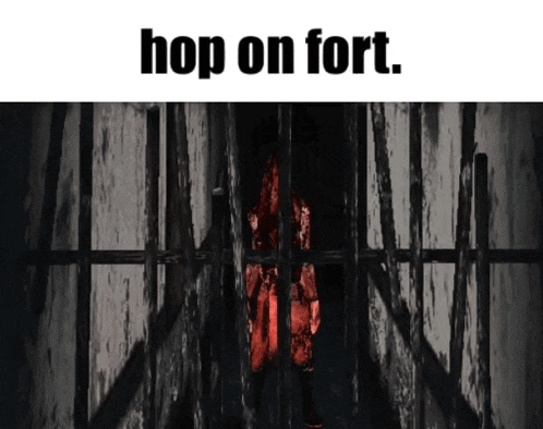 a picture of a person behind bars with the words hop on fort above it