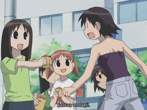a group of anime girls are standing in front of a building and one girl says saataa andagii