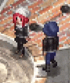 a pixel art of two people standing on a ledge