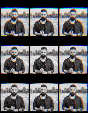 a black and white photo of a man with a beard in various poses