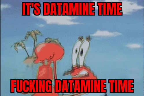 a cartoon of a crab with the words it 's datamine time fucking datamine time