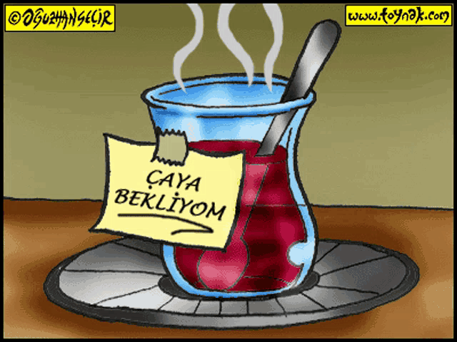 a cartoon of a cup of tea with a sticky note that says çaya bekliyorum