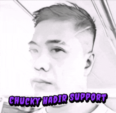 a black and white photo of a man with the words chucky hadir support written on the bottom