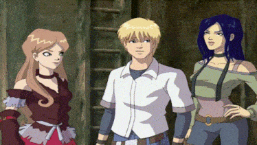a boy and two girls are standing next to each other in a cartoon