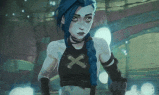 a girl with blue hair is wearing a black shirt with a cross on it