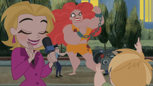 a cartoon of a woman talking into a microphone with a man taking a picture