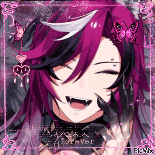 a picture of a girl with purple hair and the words i love you forever on it