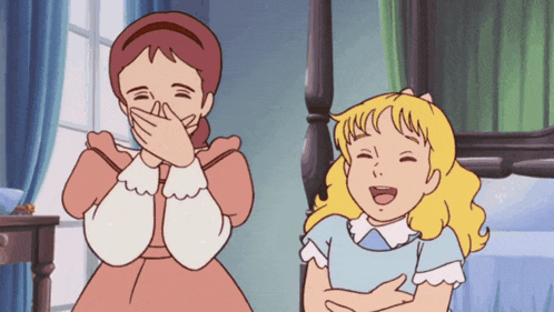 a cartoon of two girls laughing with their hands over their mouths