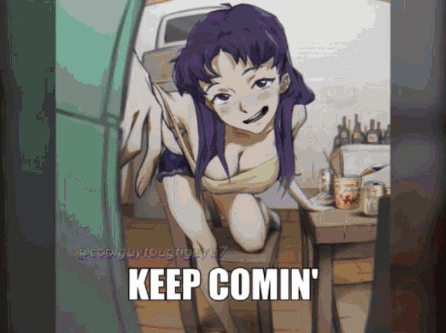 a picture of a girl with the words keep comin '