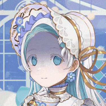 a girl with white hair and blue eyes is wearing a hat and earrings