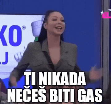 a woman is standing in front of a sign that says `` ti nikada neces biti gas '' .