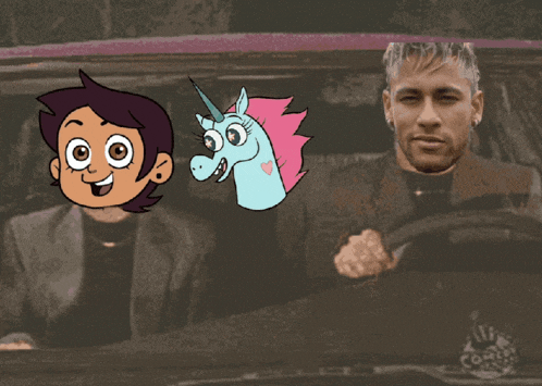 a man in a suit is driving a car with a cartoon character and a unicorn