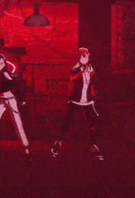 a couple of anime characters are dancing in a dark room with a red background .