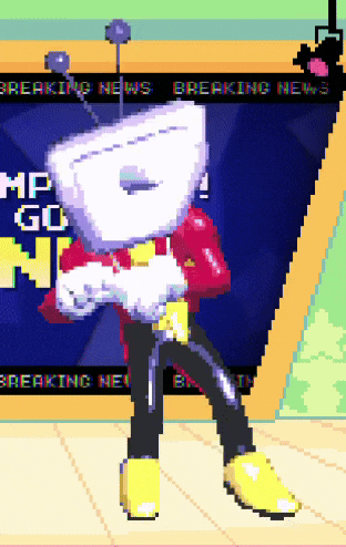 a pixel art of a person standing in front of a breaking news screen