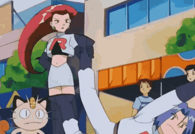 a group of cartoon characters are standing in front of a building including jessie and james