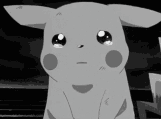 a black and white drawing of a pikachu with a sad look on its face