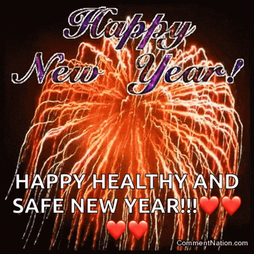 a happy new year greeting with fireworks behind it
