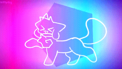 a neon drawing of a cat on a pink and blue background