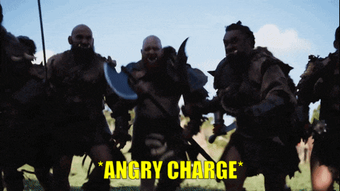 a group of orcs are standing in a field with the words angry charge written in yellow