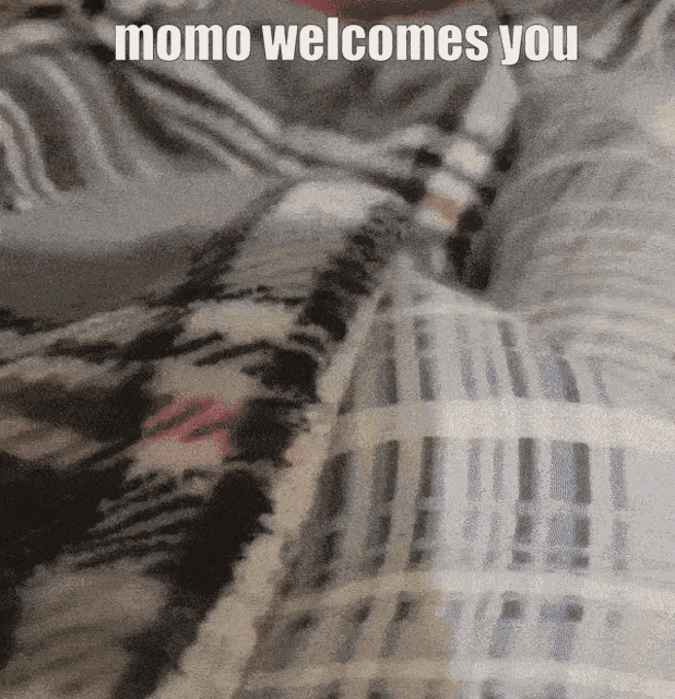 a person laying on a bed with a blanket that says momo welcomes you on it