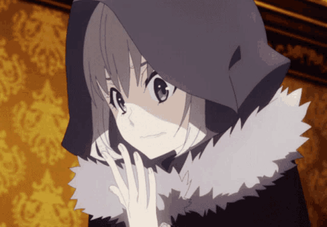 a girl with a hood on her head and a furry coat