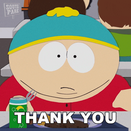 a cartoon character from south park says thank you while eating