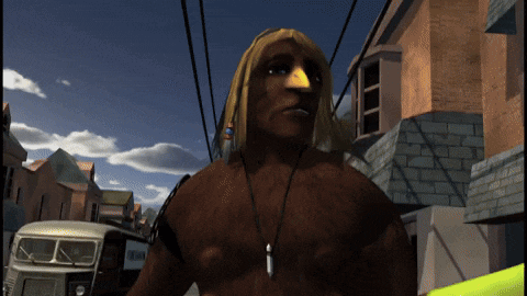 a cartoon character with a yellow beak is standing in the street