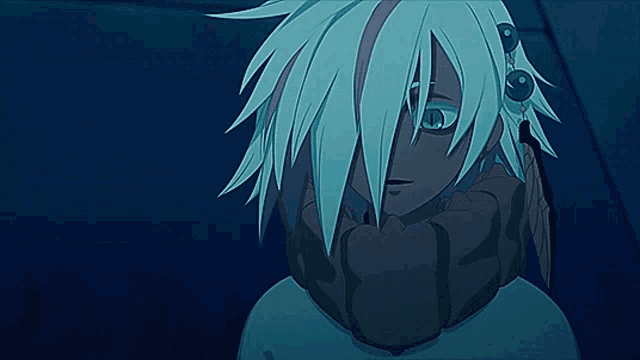 a cartoon character with white hair has a scarf around his neck