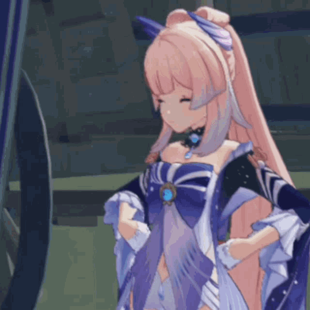a girl with pink hair is wearing a blue and white dress