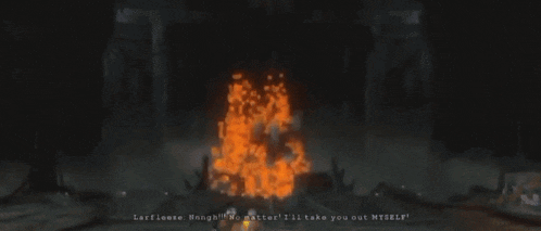 a video game screen shows a large explosion and says " take you out myself " on the bottom