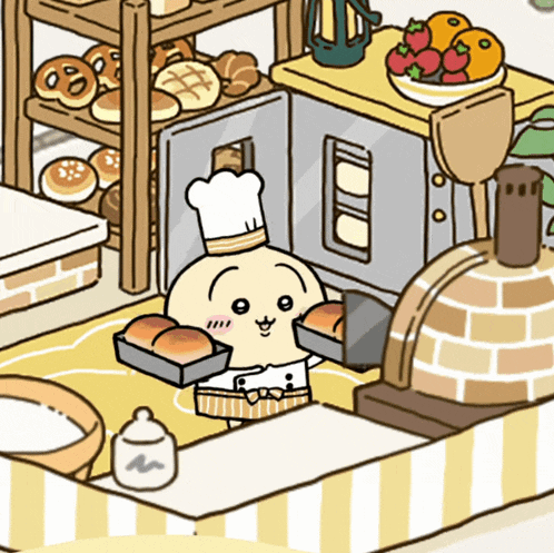 a cartoon of a baker holding a tray of bread in a bakery
