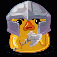 a cartoon duck wearing a helmet and holding an axe