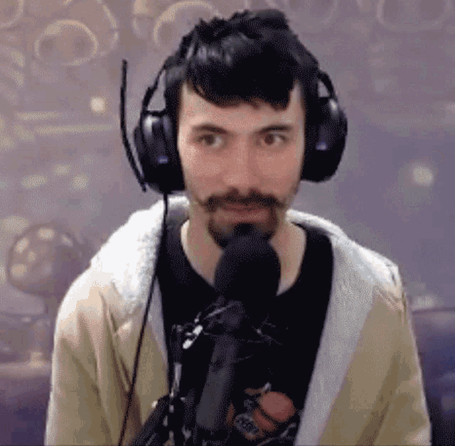 a man with a beard wearing headphones stands in front of a microphone and looks at the camera