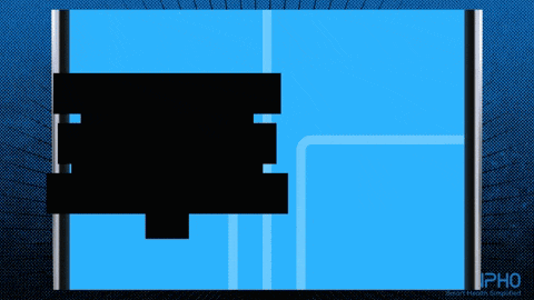 a blue screen with a black block and the words ipho on the bottom