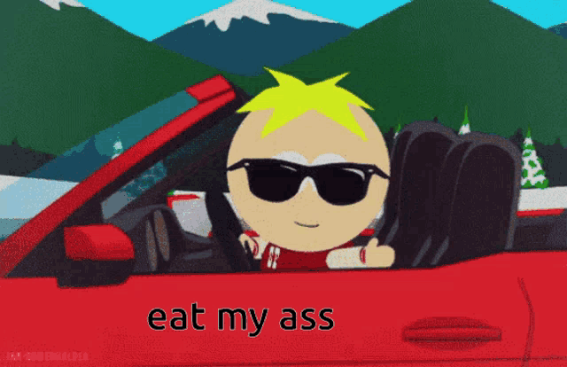 a cartoon character in a red car with the words eat my ass written on the side