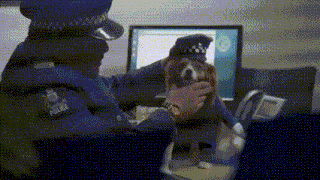 a police officer is petting a dog in front of a computer