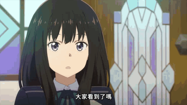 a girl with black hair and purple eyes is standing in front of a stained glass window