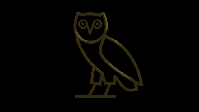 a gold owl on a black background with the letter o on its beak