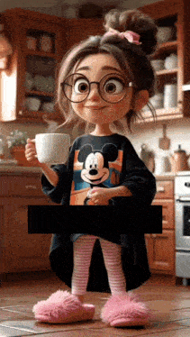 a little girl wearing glasses is holding a cup of coffee in a kitchen .