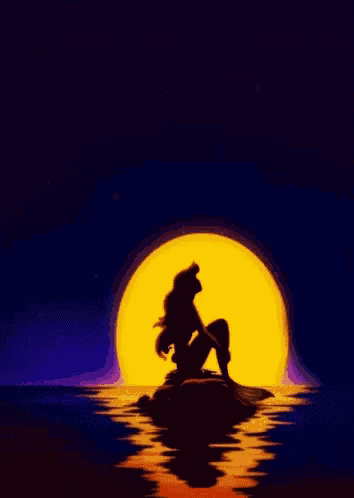 a silhouette of a mermaid sitting on a rock in front of the moon