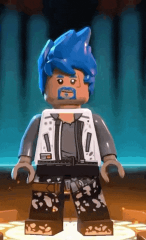 a lego figure with blue hair and a beard is standing in a room .