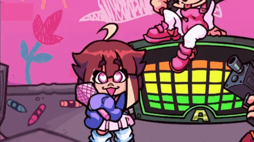 a cartoon drawing of a girl standing next to a screen that says ' a ' on it