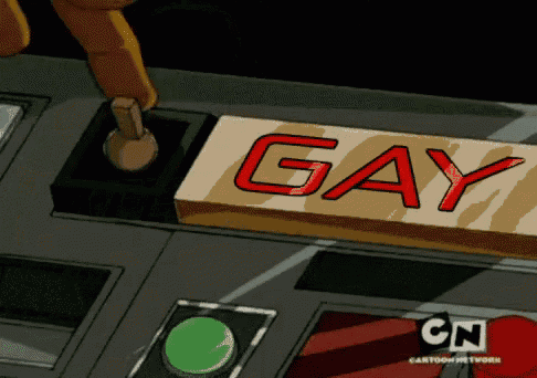 a cartoon of a person pressing a button that says gay