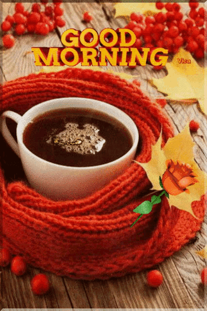 a cup of coffee is wrapped in a red scarf with the words good morning written on it