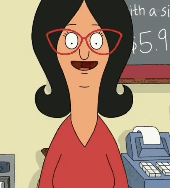 a cartoon woman wearing glasses is smiling in front of a blackboard that says $ 5.9