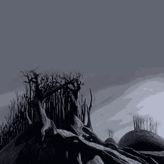 a black and white painting of a landscape with trees and roots