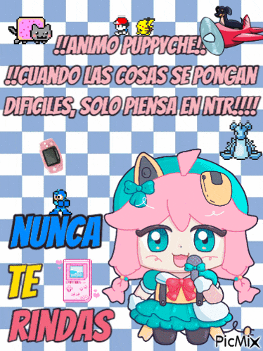 a picture of a girl holding a microphone with the words " nunca te rindas " on the bottom