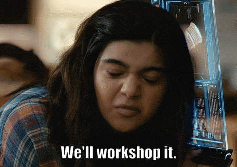 a woman says we 'll workshop it in front of a computer monitor