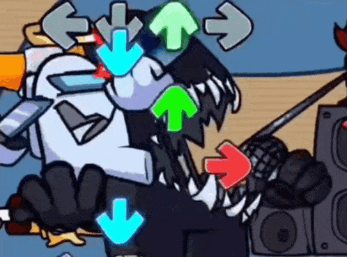 a cartoon character is playing a video game with a microphone and arrows pointing in different directions .