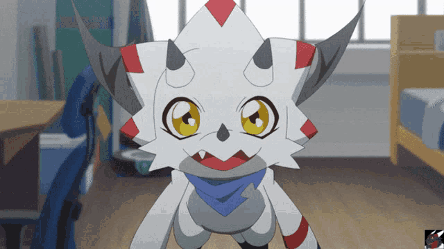 a cartoon character with horns and yellow eyes is standing in a room